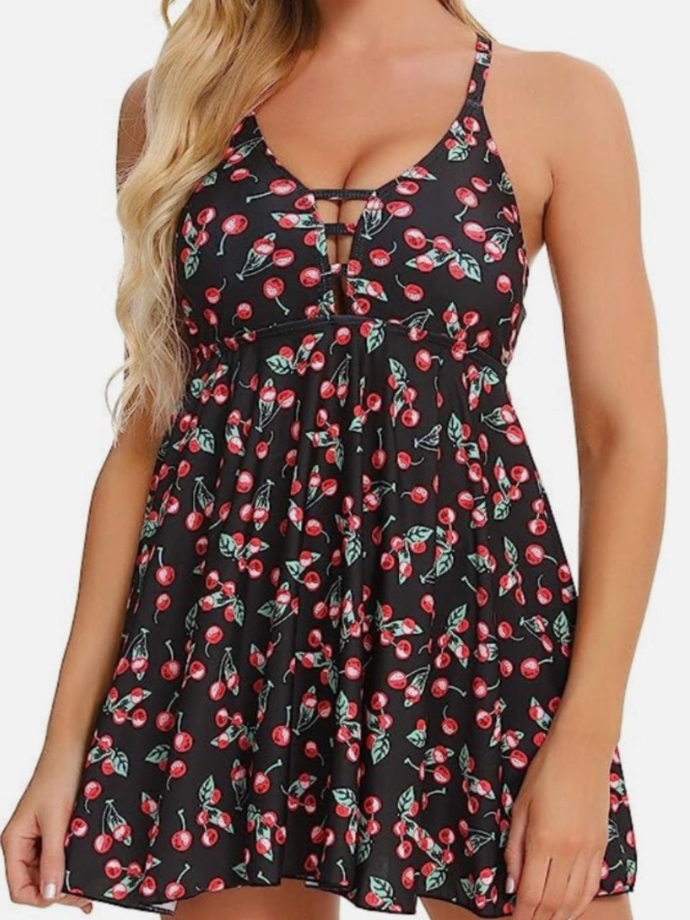 FINWANLO SZ LARGE Womens Tankini Swimsuits Tummy Control Swimdress cherries